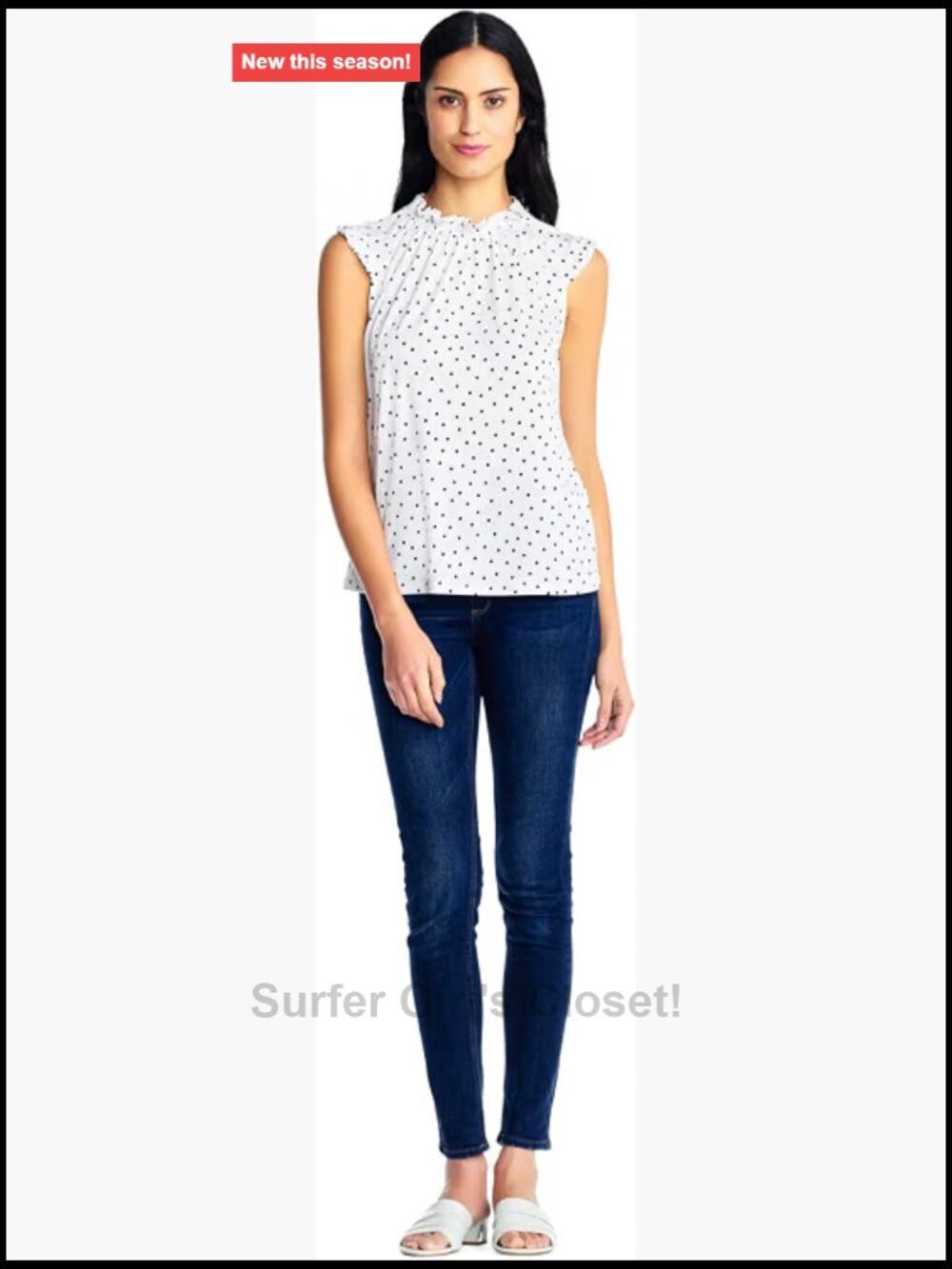 Ruffle Mock Neck Tank Sleeveless Polka Dot Stretch Top